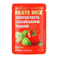 Паста томатна Pripravka Paste mix з італійськими травами 25% 70г. Склад: томатна паста - 98.65%, суміш італійських трав (базилік - 0.15%, орегано, розмарин - 0.15%) - 0.45%, цибуля, часник. Енергетичн