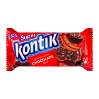 Печиво-сендвіч Konti Super Kontik шоколадний смак 90г. Склад: борошно пшеничне першого сорту, цукор, замінник какао масла нетемперований лауринового типу (гідрогенізоване пальмове масло, емульгатори: