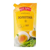 Майонез Щедро Золотий 50% 500г. Склад: олія соняшникова рафінована дезодорована, вода питна, цукор, жовток яєчний ферментований рідкий 2.2%, загущувач крохмаль модифікований кукурудзяний, оцет спиртов