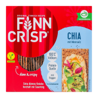 Сухарики Finn Crisp тонкі цільнозернові хрусткі, запечені з чіа та морською сіллю 195г. Склад: цільнозернове житнє борошно (82%), насіння кунжуту (7%), насіння льону (5%), вода, морська сіль, дріжджі.