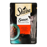 Корм консервований Sheba Sauce Collection З яловичиною для дорослих котів 85г. Склад: м`ясо та продукти тваринного походження (включаючи яловичину 4% в шматочках), злаки, мінеральні речовини, продукти