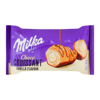 Круасан Milka з начинкою зі смаком ванілі знизу глазурований та згори декорований молочним шоколадом 50г. Склад: борошно пшеничне, цукор, олія пальмова, вода, молоко сухе знежирене, какао-масло, жир м