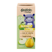 Сік Galicia Baby Яблуко-груша з м`якоттю гомогенізований стерилізований для дітей від 12-ти місяців 0.2л. Склад: яблучний сік натуральний 45%, пюре яблучне натуральне 40%, грушевий сік натуральний 10%