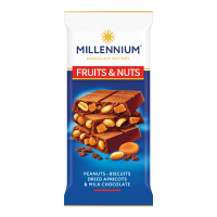 Шоколад Millennium Fruits&Nuts молочний з арахісом, бісквітом, курагою та мигдалем 90г. Склад: шоколад молочний [цукор, какао - масло, молоко незбиране сухе, какао терте, сироватка молочна суха, жир м