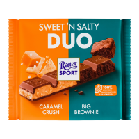 Шоколад Ritter Sport Duo Sweet`n salty молочний з начинкою з брауні і солоною карамеллю зі шматочками печива 218г. Склад: цукор, пальмовий жир, какао-масло, молоко сухе незбиране, какао терте, молоко