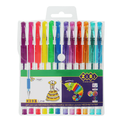 Набір з 12 гелевых ручек, NEON & GLITTER, в пластиковому пеналі, KIDS Line