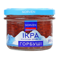 Ікра горбуші Norven зерниста 200г. Склад: ікра лососева зерниста (горбуші), сіль кухонна, консерванти (Е200, Е211). Енергетична цінність продукту: 1122.1кДж/100г, 268.2ккал/100г. Поживна (харчова) цін