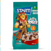 Сніданки сухі Start! Jolly Roger зернові 500г. Склад: крупа кукурудзяна 39.4%, пшениця 29.6%, цукор, какао-порошок зі зниженим вмістом жиру 3.1%, сироп глюкозно-фруктозний, олія соняшникова високоолеї