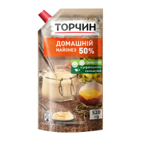 Майонез Торчин Домашній 50% 520г. Склад: олія соняшникова рафінована дезодорована (49.6%), вода питна, цукор, крохмаль модифікований кукурудзяний, оцет спиртовий, сіль кухонна, жовток яєчний ферментов