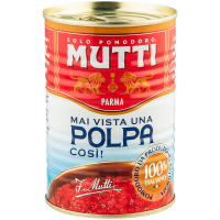 Томати Mutti Polpa тонко нарізані пастеризовані 400г. Склад: томати 99,8%, сіль. Калорійність в 100г продукту: 26 ккал. Харчова (поживна) цінність у 100г продукту: Білки - 1.2г., Жири - 0.1г., Вуглево
