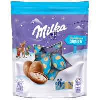 Шоколад молочний “Mілка” у формі яйця з молочною начинкою з цукровим драже. Вміст начинки - 38%; вміст драже в начинці - 4%. Маса нетто : e 86 г/g. В пакованні 14 шт. Склад: цукор, жири рослинні (олія