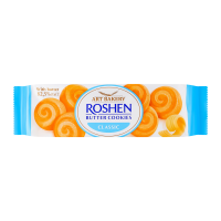 Печиво Roshen Butter cookies здобне з маслом класичне 140г. Склад: борошно пшеничне, цукор, масло солодковершкове 12%, негідрогенізована пальмова олія, молоко сухе незбиране, крохмаль пшеничний, мелан