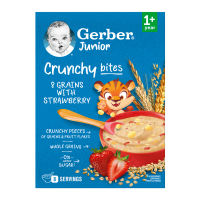Каша безмолочна суха Gerber Мультизлакова з хрусткими пластівцями та шматочками полуниці для дітей від 1-го року 200г. Енергетична цінність продукту: 1657кДж/100г, 392ккал/100г. Поживна (харчова) цінн