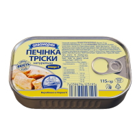 Консерви рибні стерилізовані «Печінка тріски натуральна», 115 г. Склад: печінка тріски (Gadus morhua) – 99%, сіль кухонна. Суха вага печінки – не менше 59 г. Поживна цінність на 100 г продукту: енерге