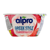 Продукт соєвий Alpro Грецький стиль ферментований з полуницею та малиною 150г. Склад: вода питна, очищені соєві боби (12.6%), суміш полуниці та малини (10%) (полуниця 5%, концентрат малинового соку 3%