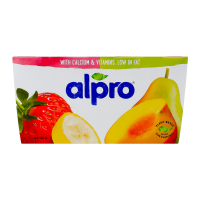 Продукт соєвий Alpro Полуниця-банан Персик-груша ферментований 4*125г/уп. Склад: полуниця-банан: вода питна, боби соєві очищені 9.7%, суміш полуниці та банану 9% (полуниця 6.6%, банан 2.4%), цукор, ка