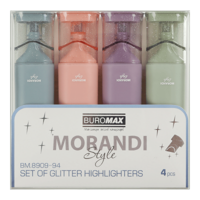 Набір із 4-х текст-маркерів MORANDI STYLE Glitter (рожевий, бузковий, оливковий, графітовий) MORANDI Glitter, 2-4.5 мм