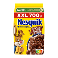 Сніданок сухий Nesquik готовий з вітамінами та мінеральними речовинами 700г. Склад: борошно з цільнозернової пшениці 52.7% (містить глютен), цукор, крупа кукурудзяна 17.1%, глюкозний сироп, какао-поро