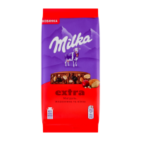 Milka Шоколад Екстра молочний з мигдалем, журавлиною та кіноа 130г. Склад: цукор, какао-масло, молоко сухе знежирене, какао терте, сироватка суха молочна, мигдаль обсмажений подрібнений 6%, жир молочн