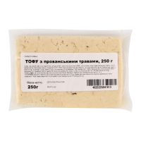 Тофу ТОВ Шинкар Агро з прованськими травами 250г. Склад: сир соєвий тофу (соя, вода питна, загущувач Е511, регулятор кислотності Е330), сіль кухонна, суміш спецій Прованські трави 0.33%, ароматизатор