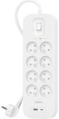 Подовжувач мережевий Belkin 2м, 8хТипE, 16А, USB-A/USB-C 18Вт, фільтр, білий