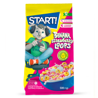 Сніданки сухі Start! Banana strawberry loops зернові 500г. Склад: крупа кукурудзяна 35%, пшениця 34%, цукор, сироп глюкозно-фруктозний, олія соняшникова високоолеїнова рафінована дезодорована з антиок
