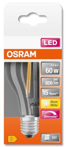 Лампа OSRAM LED E27 7Вт 2700K 806Лм A60 філаментна