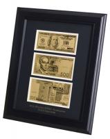 Панно 3 купюри із золотим напиленням "UKRAINE-USA-EURO" в дерев'яній рамі, 36*43см