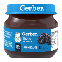 Пюре фруктове Gerber Чорнослив гомогенізоване пастеризоване для дітей від 6-ти місяців 80г. Склад: вода питна, пюре з чорносливу (28%). Енергетична цінність продукту: 344кДж/100г, 81ккал/100г. Поживна