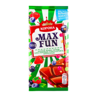 Шоколад Корона Max Fun Полуниця-малина-чорниця-чорна смородина-іскриста карамель-шипучі кульки молочний 150г. Склад: шоколад молочний (цукор, какао терте, какао-масло, молоко сухе незбиране, сироватка