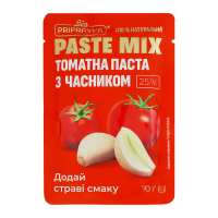 Паста томатна Pripravka Paste mix з часником 25% 70г. Склад: томатна паста - 92.5%, часник свіжий - 6.5%, зелень петрушки сушена. Енергетична цінність продукту: 399кДж/100г, 94ккал/100г. Поживна (харч
