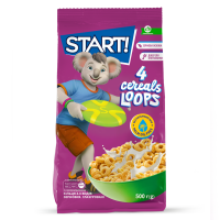 Сніданки сухі Start! 4 cereals loops зернові глазуровані 500г. Склад: крупа кукурудзяна 28%, цукор, борошно пшеничне 1с, крупа вівсяна 14.9%, пшениця 14%, сироп глюкозно-фруктозний, олія соняшникова в