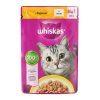 Корм вологий Whiskas для дорослих котів із куркою в желе 85г. Склад: м`ясо та продукти тваринного походження (35%, включаючи 4% курятини в шматочках), злаки, мінеральні речовини, продукти рослинного п