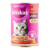 Корм вологий Whiskas для дорослих котів з яловичиною в соусі 400г. Склад: м`ясо та продукти тваринного походження (включаючи 4% яловичини в шматочках), злаки, екстракти рослинних білків, мінеральні ре