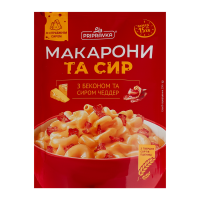 Pripravka Макарони з беконом та сиром 150г. Склад: макаронні вироби (борошно з твердих сортів пшениці, вода питна) 76.7%, вершки сухі рослинні (рафінована тверда кокосова олія, сироп глюкози, молочний