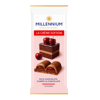 Шоколад Millennium La Creme Edition молочний з кремовою та вишневою начинками 100г. Склад: шоколад молочний [цукор, какао-масло, молоко незбиране сухе, какао терте, молоко знежирене сухе, сироватка мо