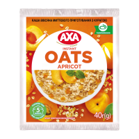 Каша Axa Apricot вівсяна миттєвого приготування 40г. Склад: пластівці вівсяні (71.8%), цукор, шматочки кураги 9.8% (курага сушена, рисове борошно), молоко сухе незбиране, сіль кухонна, ароматизатор Ва
