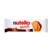 Печиво Nutella Biscuits з начинкою із горіхової пасти та какао 41.4г. Склад: горіхова паста з какао 40% (цукор, олія пальмова, лісові горіхи 13%, молоко сухе знежирене 8.7%, знежирений какао-порошок 7