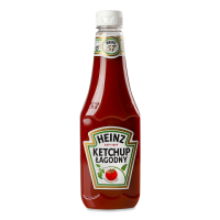 Кетчуп лагідний Heinz пастеризований. Склад: томати (148 г на 100 г продукту), оцет спиртовий, цукор, сіль, екстракти прянощів і трав (МІСТЯТЬ СЕЛЕРУ), прянощі. Поживна цінність на 100 г (g) продукту: