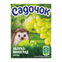 Садочок Нектар Яблуко-виноград освітлений пастеризований 0.2л. Склад: фруктові соки відновлені (яблучний сік - 44.3%, виноградний сік із білих сортів - 5.8%), вода питна підготовлена, глюкозно-фруктоз