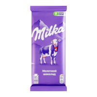 Шоколад Milka молочний 90г. Склад: цукор, какао-масло, молоко сухе знежирене, какао терте, сироватка суха молочна, жир молочний, емульгатор (лецитин соєвий), паста горіхова (фундук), ароматизатор. Ене
