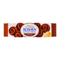 Печиво Roshen Butter cookies здобне з маслом та какао 140г. Склад: борошно пшеничне, цукор, масло солодковершкове 12%, негідрогенізована пальмова олія, молоко сухе незбиране, какао-порошок зі зниженим