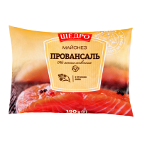 Майонез Щедро Провансаль 67% 190г. Склад: олія соняшникова рафінована дезодорована, вода питна, цукор, жовток яєчний ферментований рідкий (2.2%), оцет спиртовий, сіль кухонна, жовток яєчний сухий (0.5