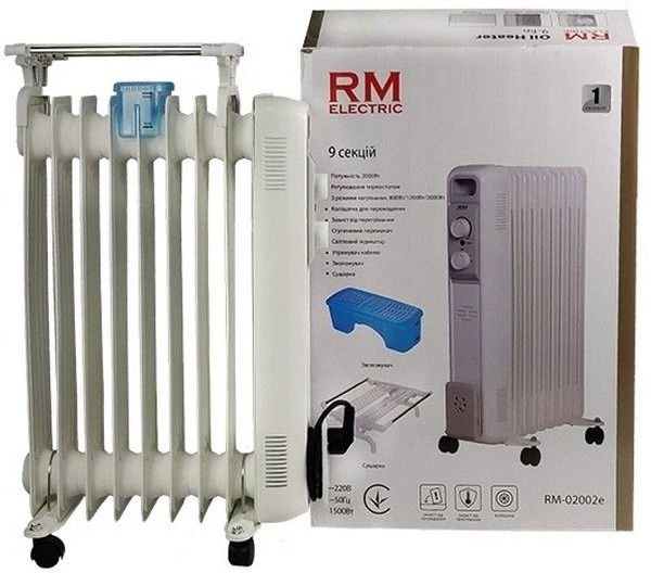 Масляный радиатор RM Electric, 9 секций, 2000 Вт, 20 м2, 3 режима работы, дополнительно увлажнитель и вешалка-сушилка