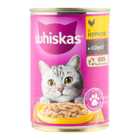 Корм вологий Whiskas для дорослих котів з куркою в соусі 400г. Склад: м`ясо та продукти тваринного походження (включаючи 4% курятини в шматочках), злаки, екстракти рослинних білків, мінеральні речовин