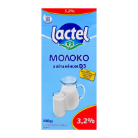 Молоко Lactel з вітаміном D3 ультрапастеризоване 3.2% 1000г. Склад: молоко нормалізоване, вітамін D3. Енергетична цінність продукту: 245.9кДж/100г, 58.8ккал/100г. Поживна (харчова) цінність продукту: