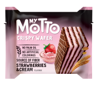 My Motto Вафлі Полуниця з вершками 30г. Продукт не містить інгредієнтів, які містять ГМО або складаються з ГМО. Алергени: Продукт містить пшеницю, молоко та сою. Може містити сліди горіхів(фундук). Те