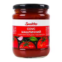 Соус Smakko Шашличний з чорним перцем і часником 460г. Склад: вода, томатна паста (13.7%), цукор, оцет спиртовий, загущувач крохмаль кукурудзяний модифікований, сироп глюкозний, сіль, коріандр, консер