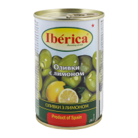 Оливки Iberica з лимоном 300г. Склад: вода, оливки, паста з лимона 6% (вода, лимон, стабілізатор: Е401, Е407), сіль, підсилювач смаку: Е621, підкислено Е330, Е270, антиоксидант: Е300, ароматизатор іде