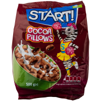 Сніданки сухі Start! Cocoa Pillows зернові 500г. Склад: пшениця, крупа вівсяна, крупа кукурудзяна, цукор, какао-порошок 3%, молоко сухе незбиране, сіль кухонна. Начинка: цукор, олія соняшникова рафіно